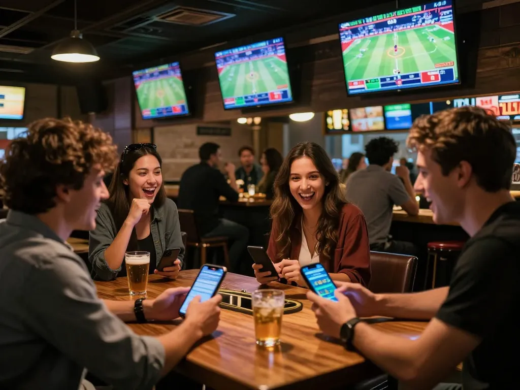 Exciting sports betting at 88aa with patrons cheering and using apps to place live bets