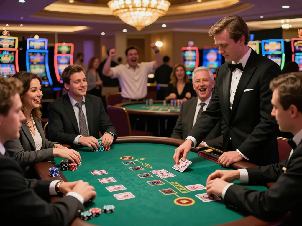Players enjoying intense blackjack action at du88 casino, dealer shuffles cards on a luxurious green felt table