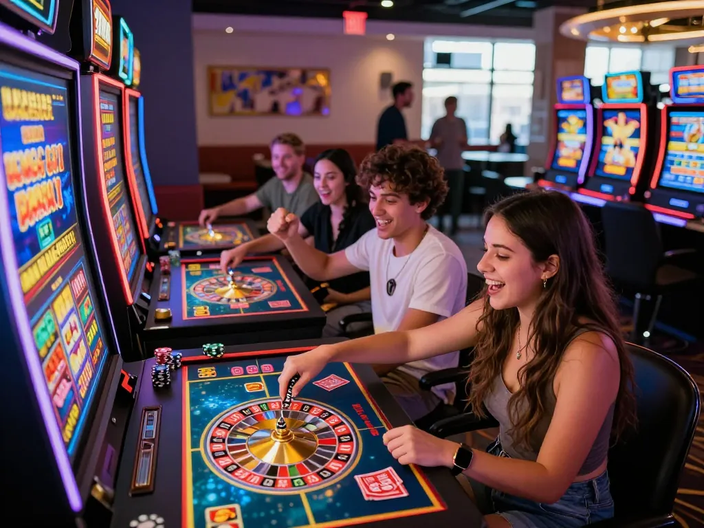 Exciting gaming atmosphere at 32win.com with players enjoying various casino games, showcasing vibrant colors and lively interactions.