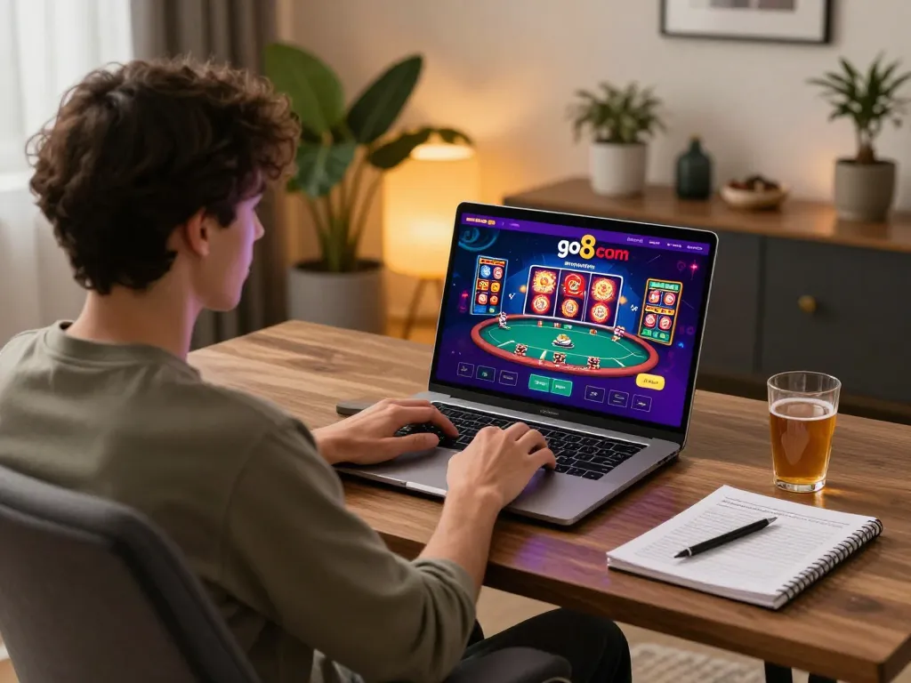 Playing poker on go8 com with vibrant laptop display and cozy gaming atmosphere