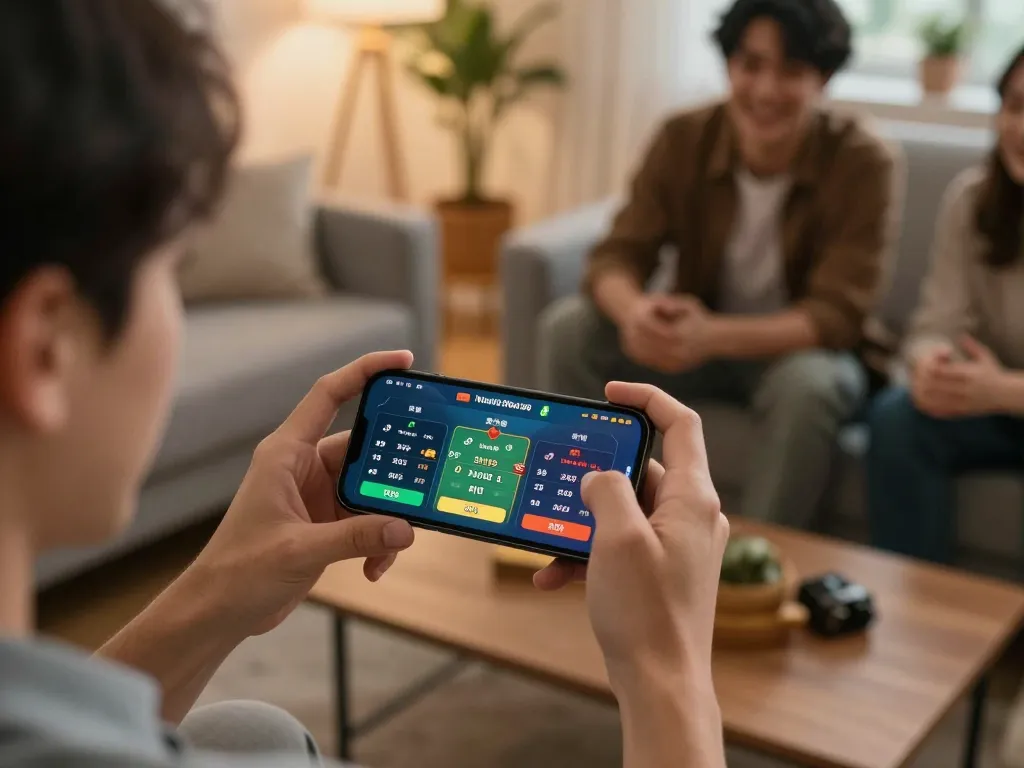 Nohu90 player engaged in live sports betting on smartphone with friends discussing strategies in cozy setting.