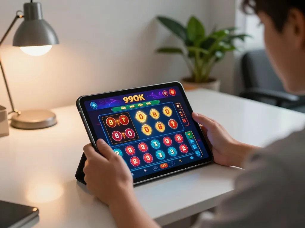 Experience exciting online gaming with 99ok on a tablet in a stylish setup, showcasing an interactive casino interface.