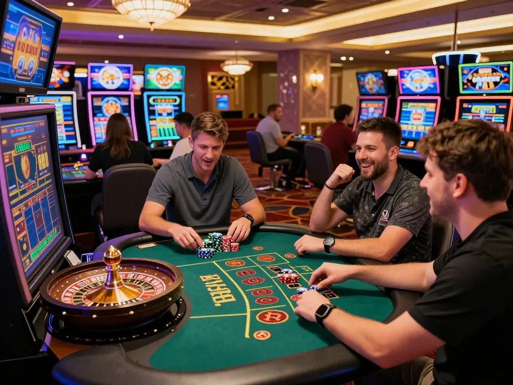 Players enjoying various games at 8kbet casino, vibrant atmosphere with roulette and baccarat tables.