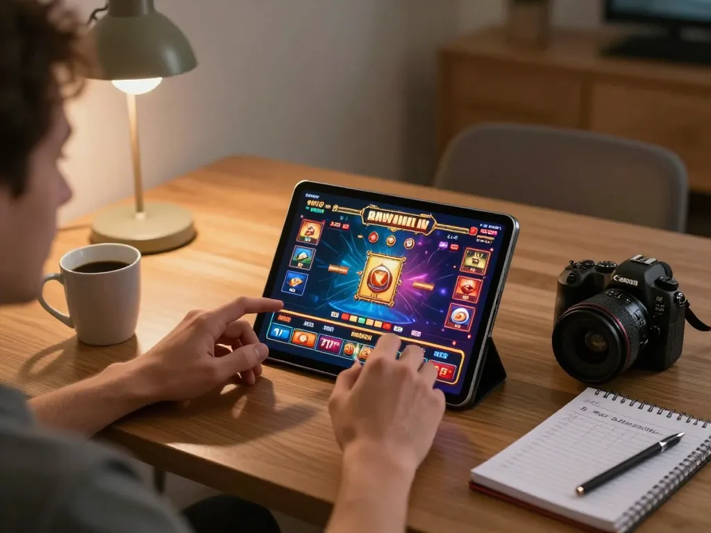 Player enjoying MK8 online casino game on tablet with strategic notes nearby