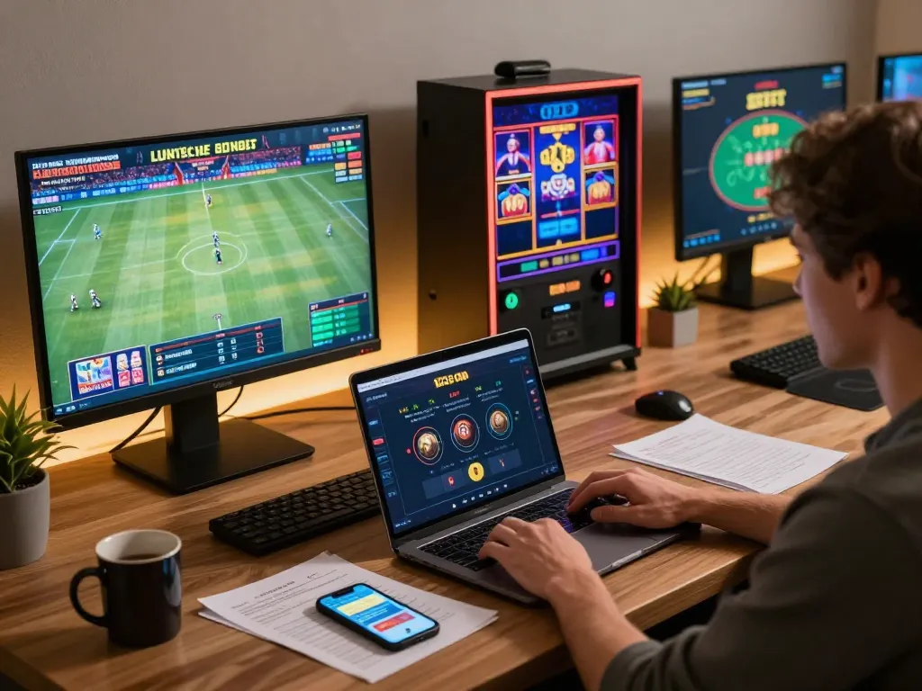 Engaged player using 123B com app on multiple screens for sports betting and online casino gaming.