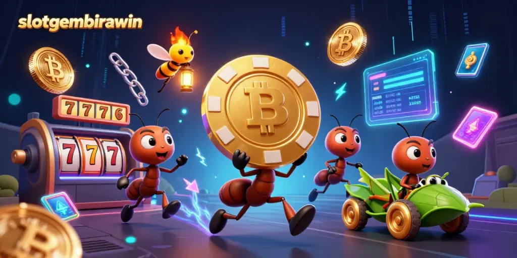 Engaging 3D ants in a heist carrying a poker chip, showcasing slotgembirawin's online gaming excitement.
