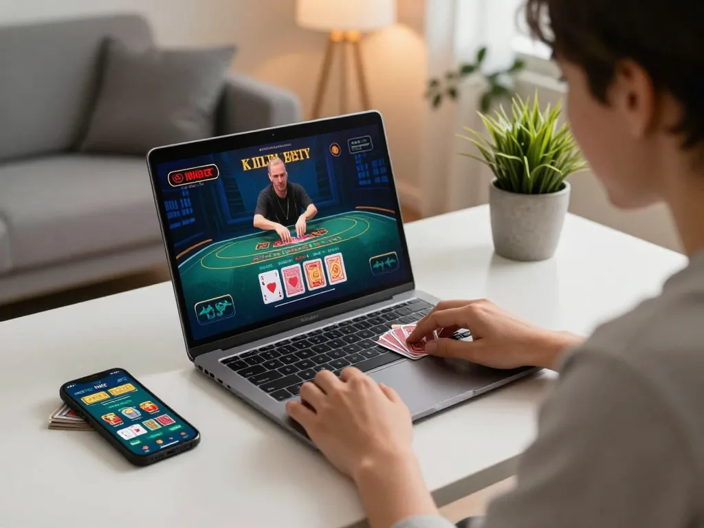 Engaging in a live dealer game at bk8 with a sleek laptop setup in a cozy environment