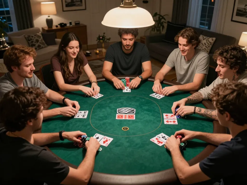 Players enjoying poker night, strategizing with friends at home, engaging in 99Win-themed game