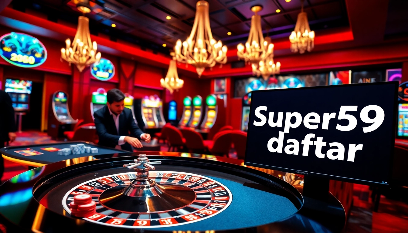 Experience excitement with Super59 daftar at a vibrant casino scene featuring roulette and poker.
