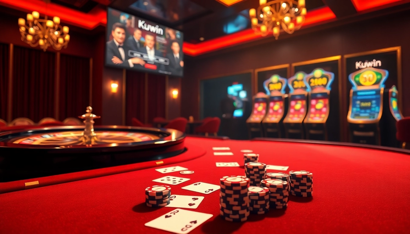 Kuwin gambling scene featuring vibrant casino tables, poker chips, and lively players.