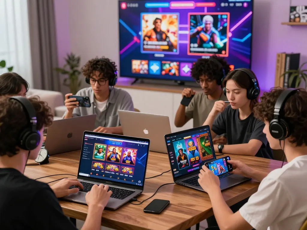 Engaging gaming experience on nk88 com with players using various devices in a vibrant atmosphere.