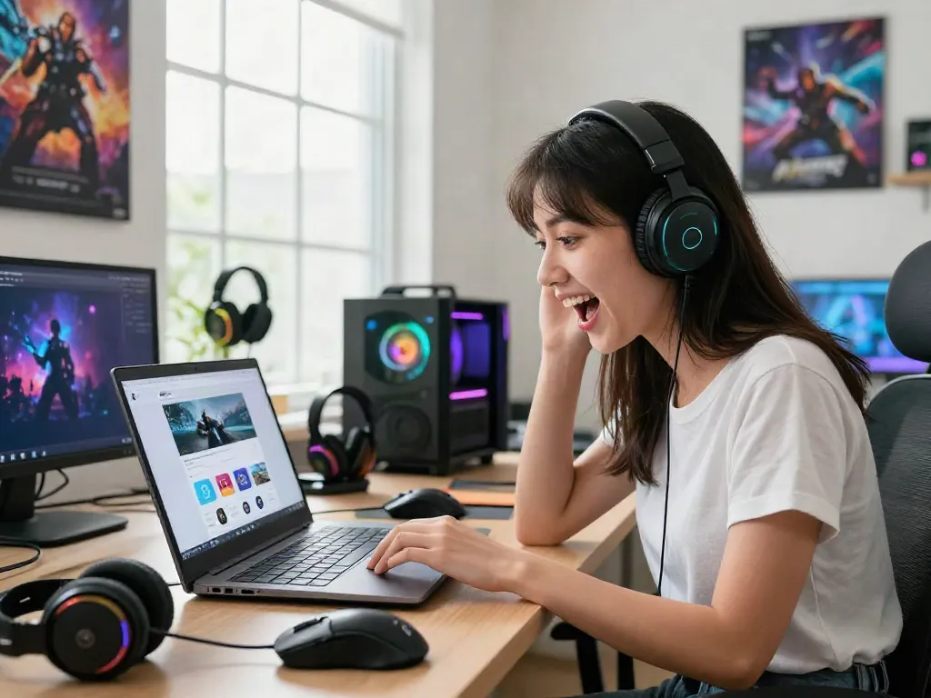 Excited woman shopping for gaming products on akunjp website with colorful accessories around.