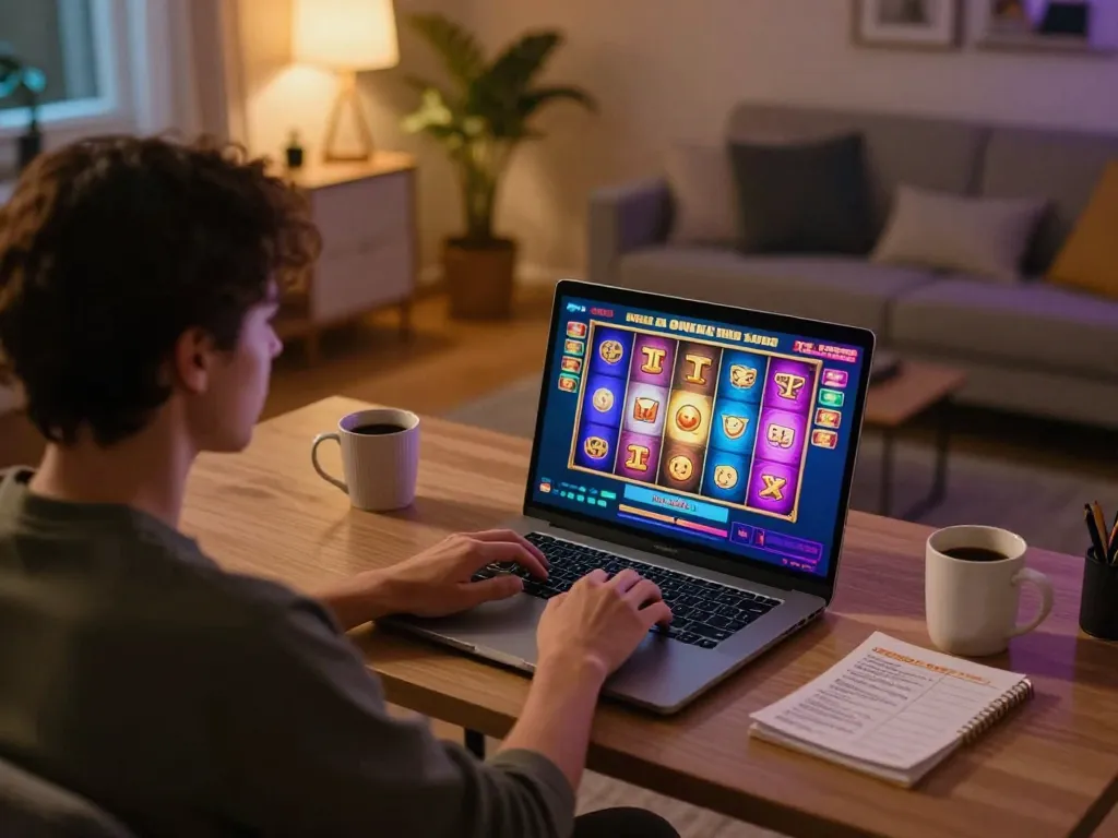 Engaging gaming session at home with 555win slot game on screen