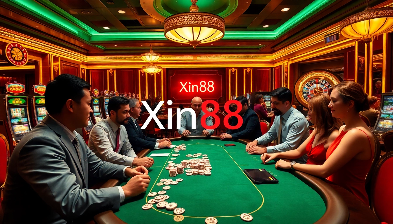 Players enjoying high-stakes poker at Xin88's luxurious casino, showcasing professional dealers and vibrant atmosphere.