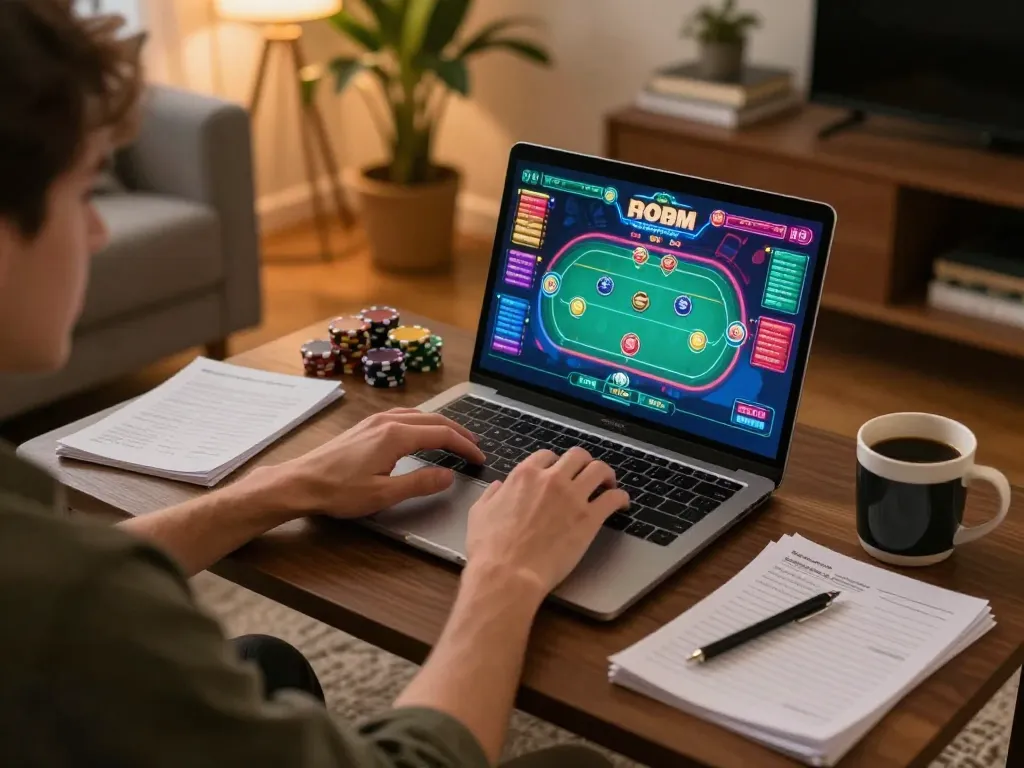 Player immersed in online gaming at 98win with poker interface on laptop and strategy notes