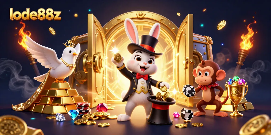 Experience the magic with lode88z as a rabbit conjures coins in a vibrant 3D scene.