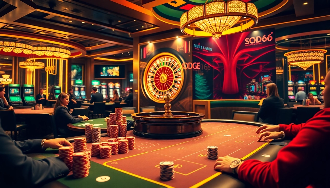 Players enjoy a thrilling experience at SODO66 casino tables with colorful chips and digital interfaces.
