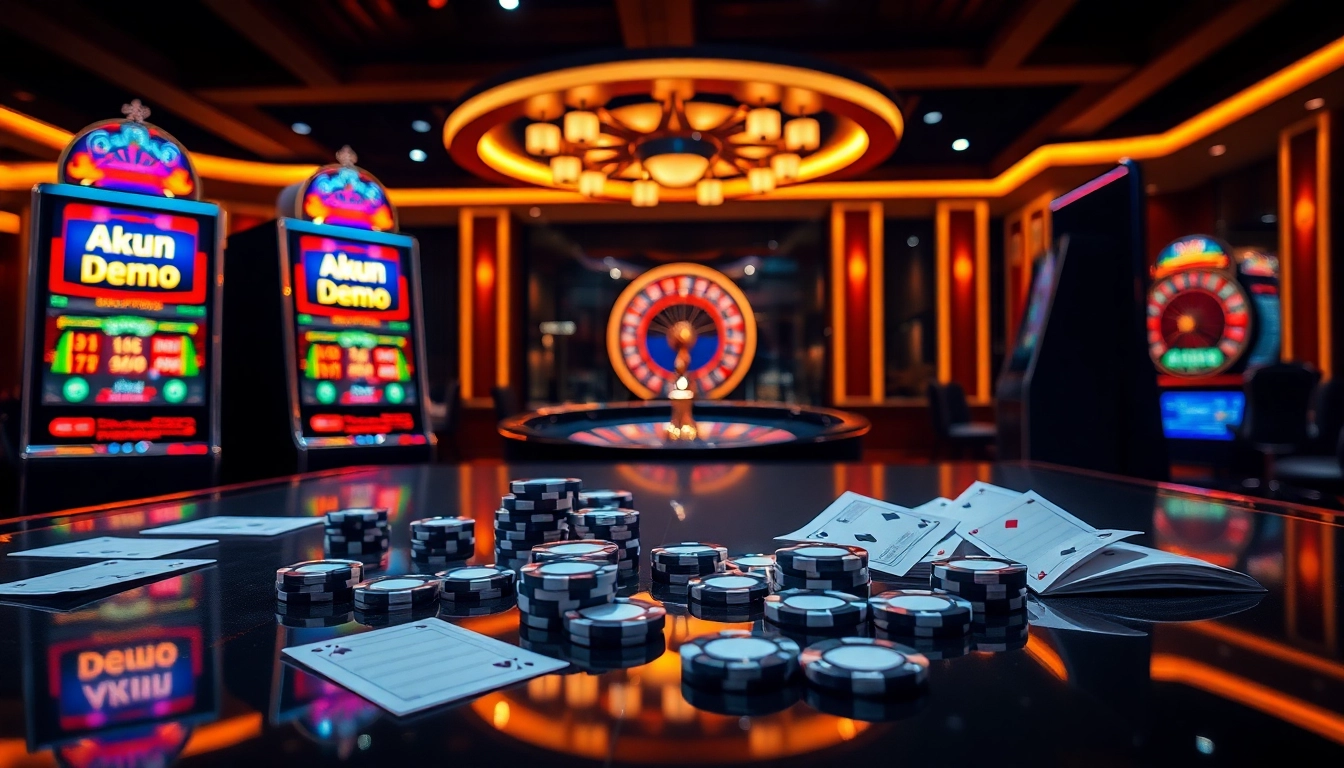 Experience an exciting akun demo session with vibrant casino visuals and modern slot machines.