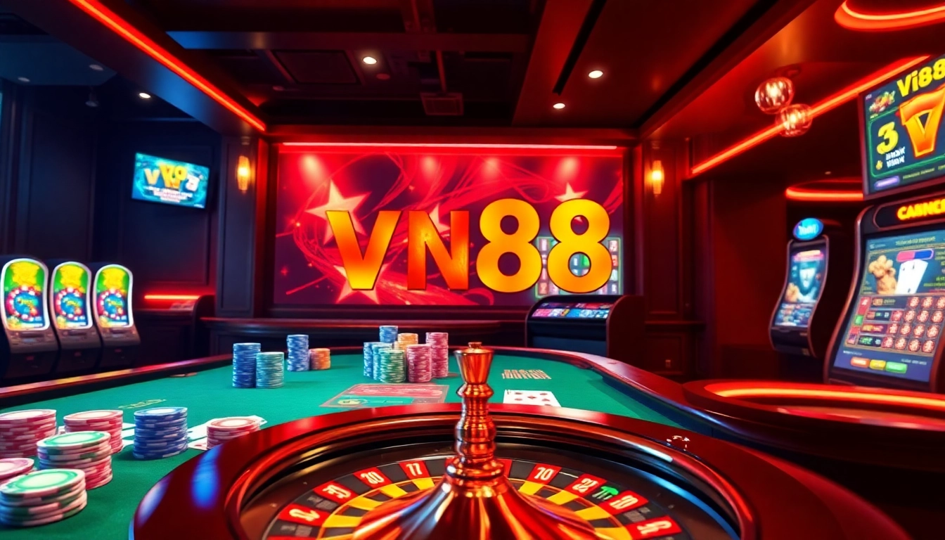 Experience the thrill of online gambling at vn88 with vibrant casino tables and spinning roulette.