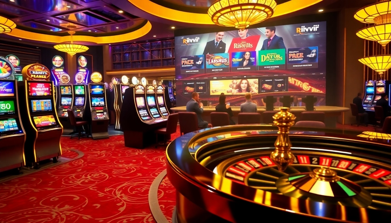 Rikvip casino scene showcasing vibrant slot machines and an engaged poker table...