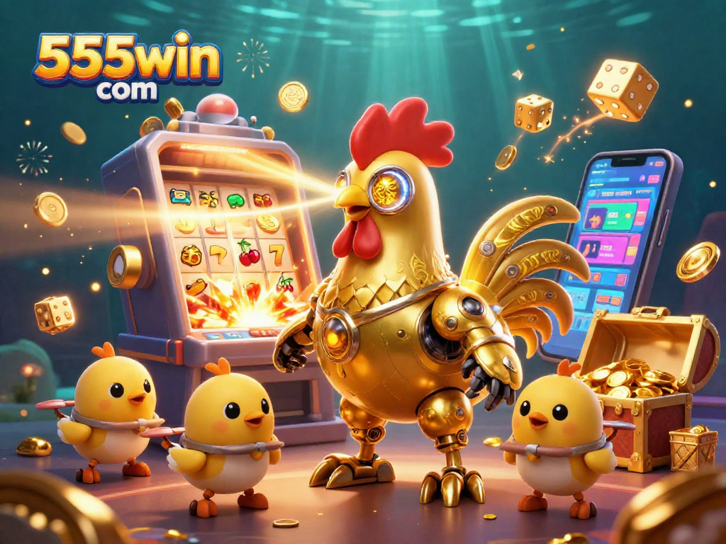 Experience thrilling gaming action at 555win com with a vibrant 3D illustration featuring jackpot excitement and retro elements.
