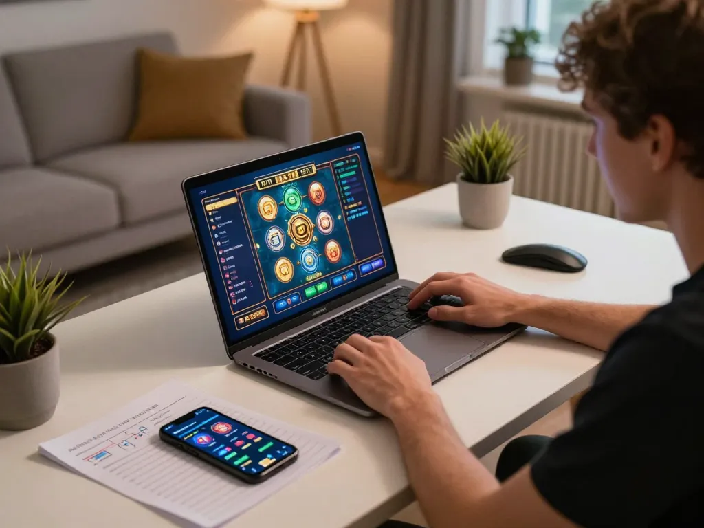 Engaging in online slot gameplay on kdslot at a stylish home setup with strategic notes nearby.