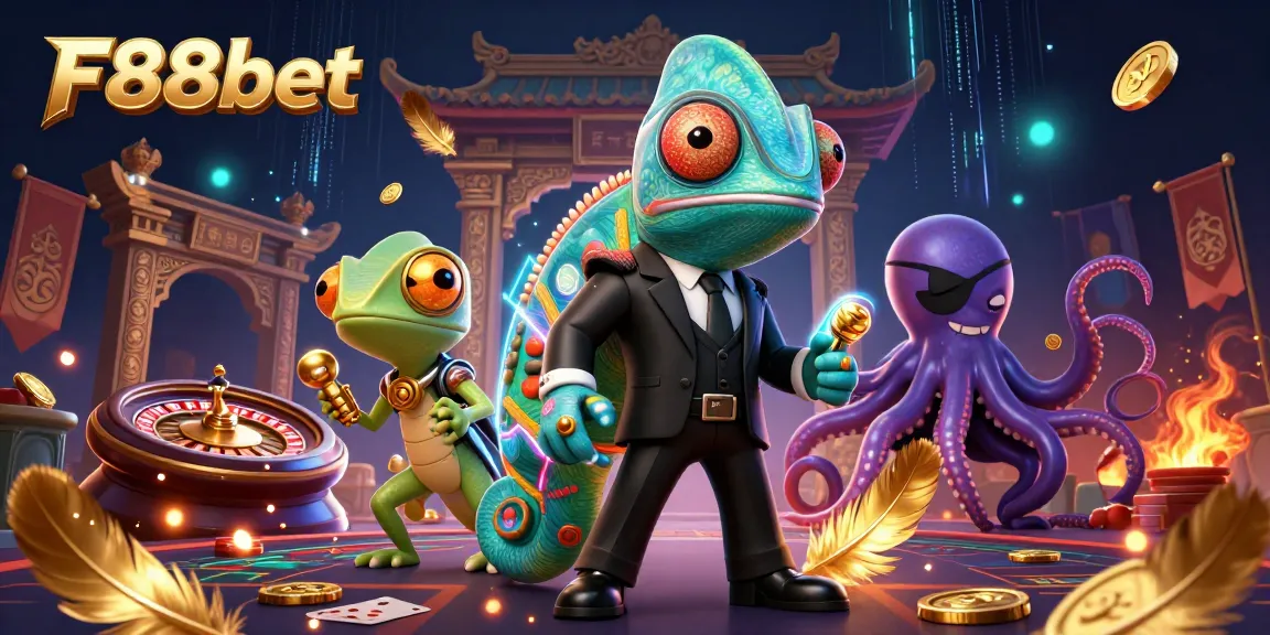 Engage with F88bet through a vibrant digital illustration featuring a thrilling live casino setup with animated characters.