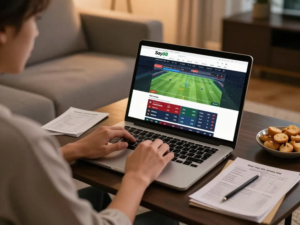 Person engaging with Say88 betting platform on a laptop in cozy home setting