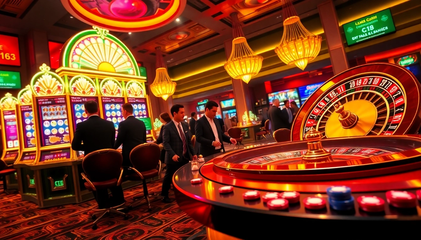 C168 slot machine excitement with players celebrating wins at a luxurious casino.