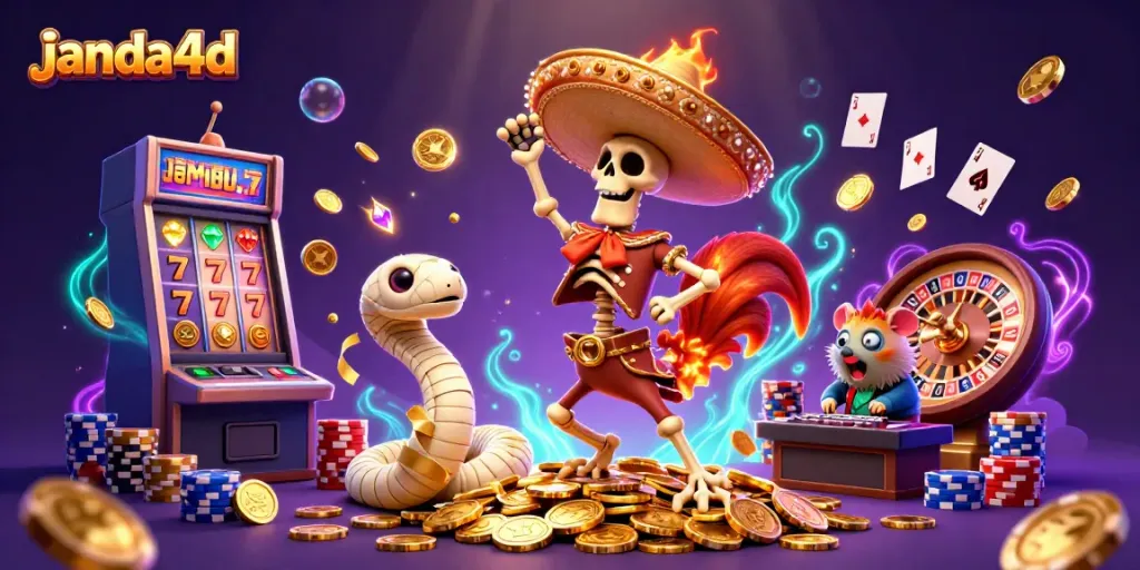 JANDA4D menampilkan ilustrasi kasino dengan karakter lucu di atas tumpukan koin emas