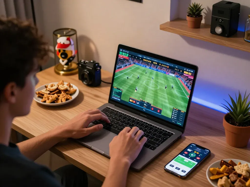 Engaging in sports betting online at https://shbetac.co with a modern gaming setup and vibrant graphics.