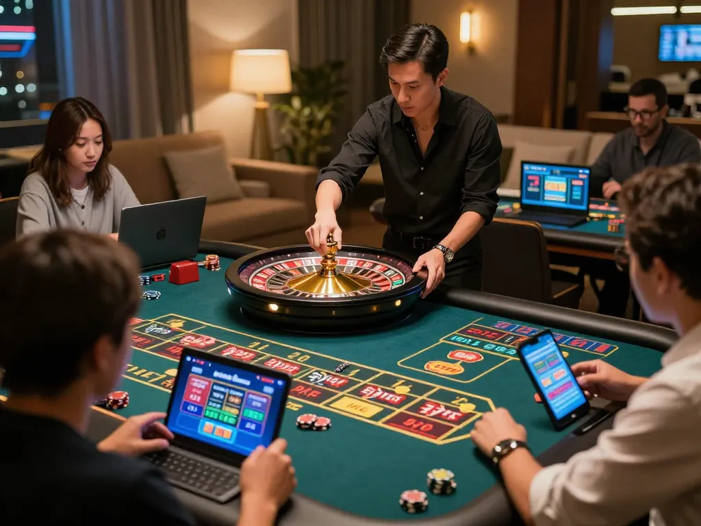 Players enjoying a live dealer roulette game at https://sc88.charity/ from the comfort of their homes, engaging in real-time betting.