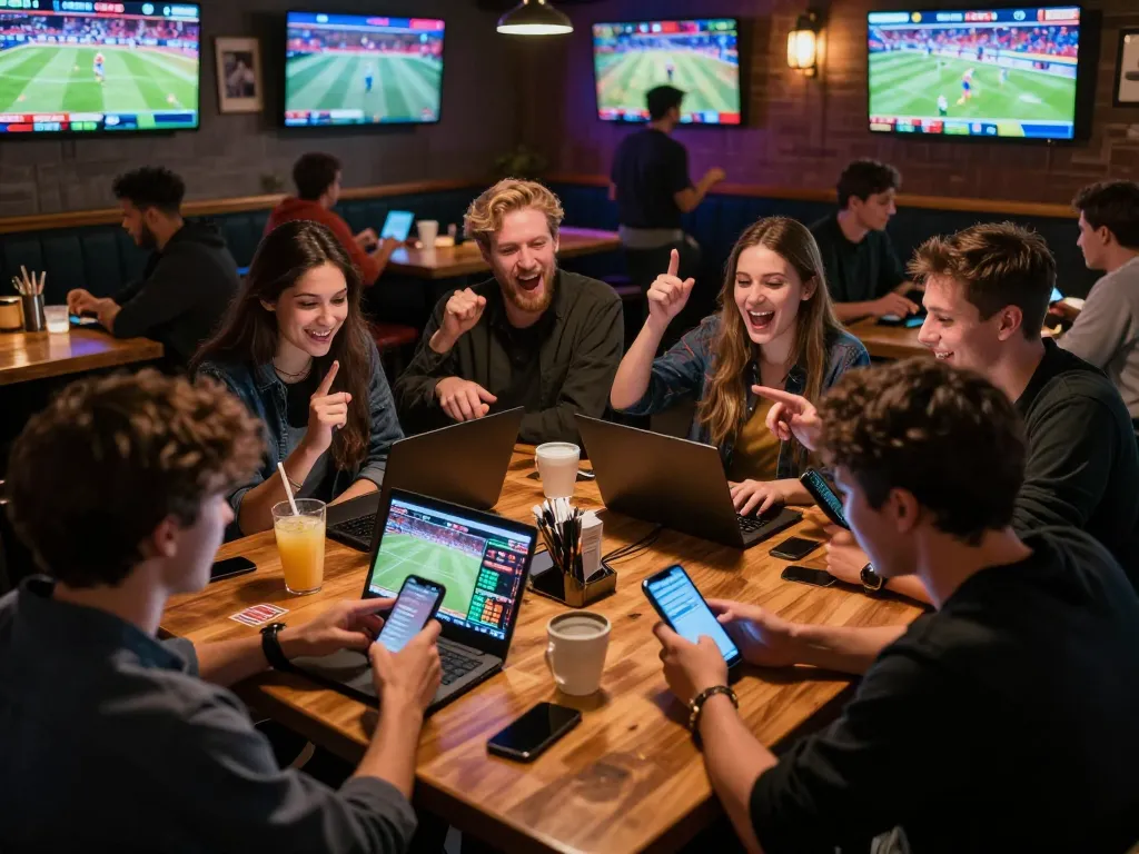 Players place bets on their smartphones at 78win sports betting venue, capturing excitement and strategy.