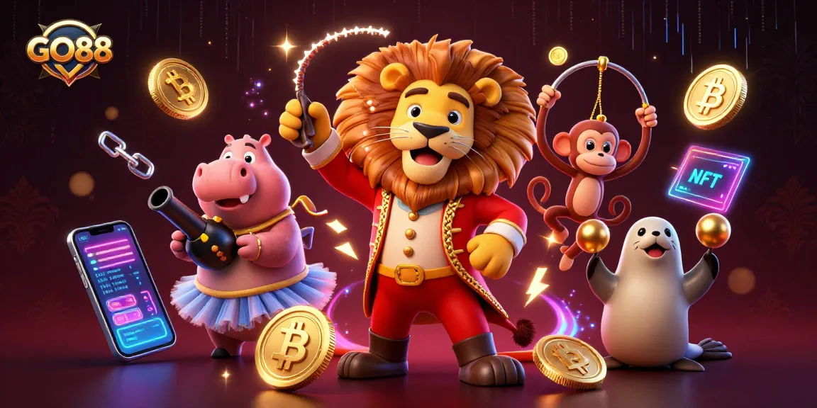 Experience GO88's exciting gameplay with vibrant 3D characters and interactive elements in this casino-themed illustration.