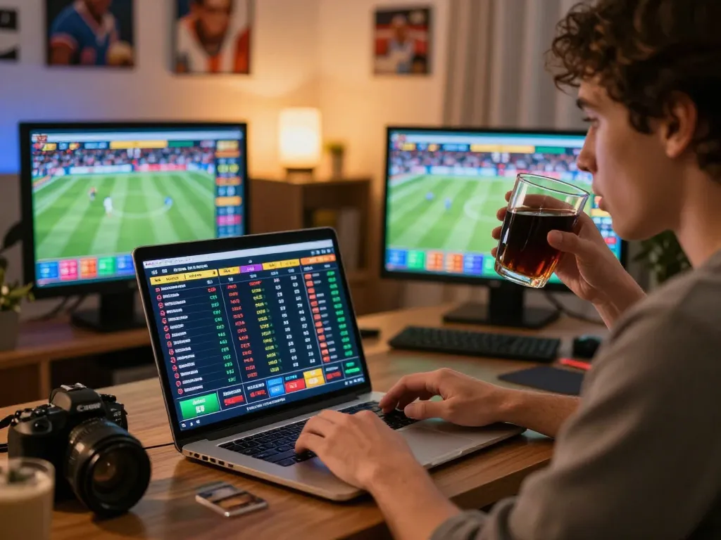 Person analyzing soi kèo and betting odds on multiple screens in a cozy sports betting setup at home.