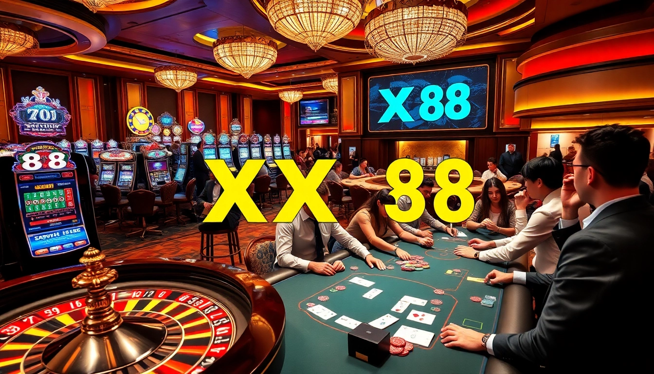 Players enjoying games at XX 88 casino with poker chips and cards in focus.