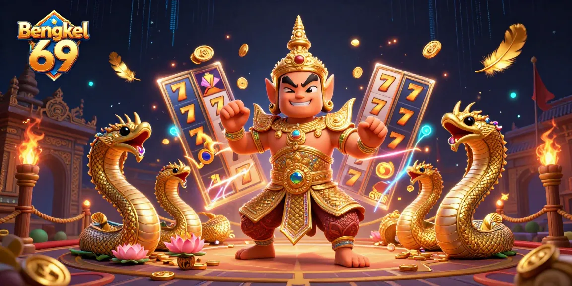 Bengkel 69 players enjoying big wins with vibrant slot games and dynamic jackpot scenes.