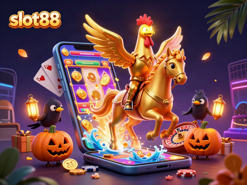Engage with slot88's vibrant casino world featuring a golden rooster, slot games, and dynamic elements.