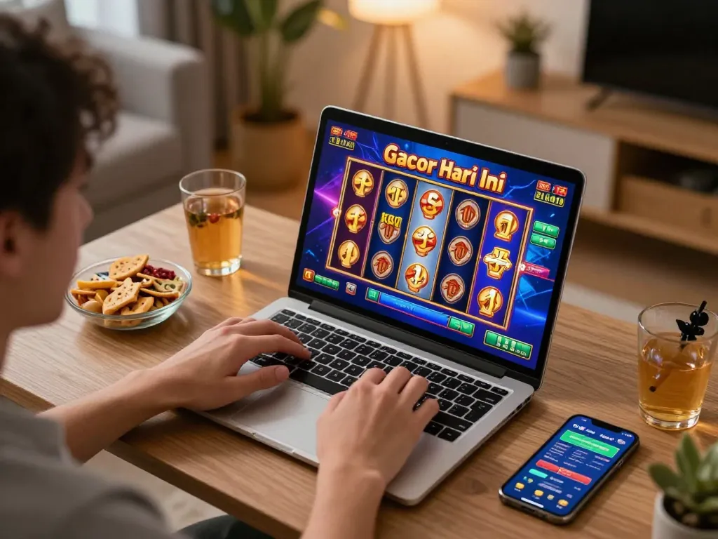 Playing slot gacor hari ini on a laptop at home, showcasing colorful gaming interface and comfortable atmosphere.
