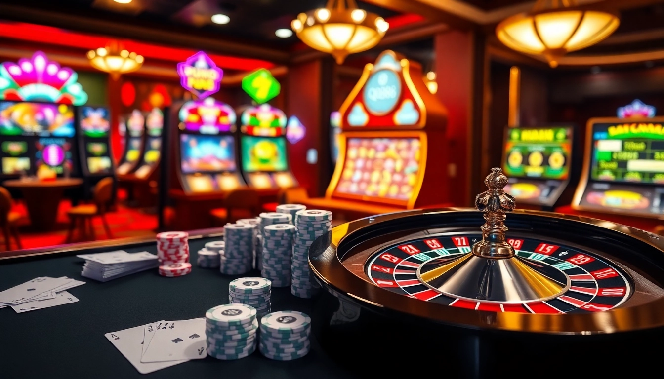 Experience the excitement at qh88 with vibrant casino elements, including poker chips and roulette wheels.