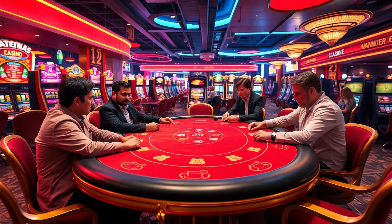 AT99 players enjoying a thrilling game at the sleek casino poker table.