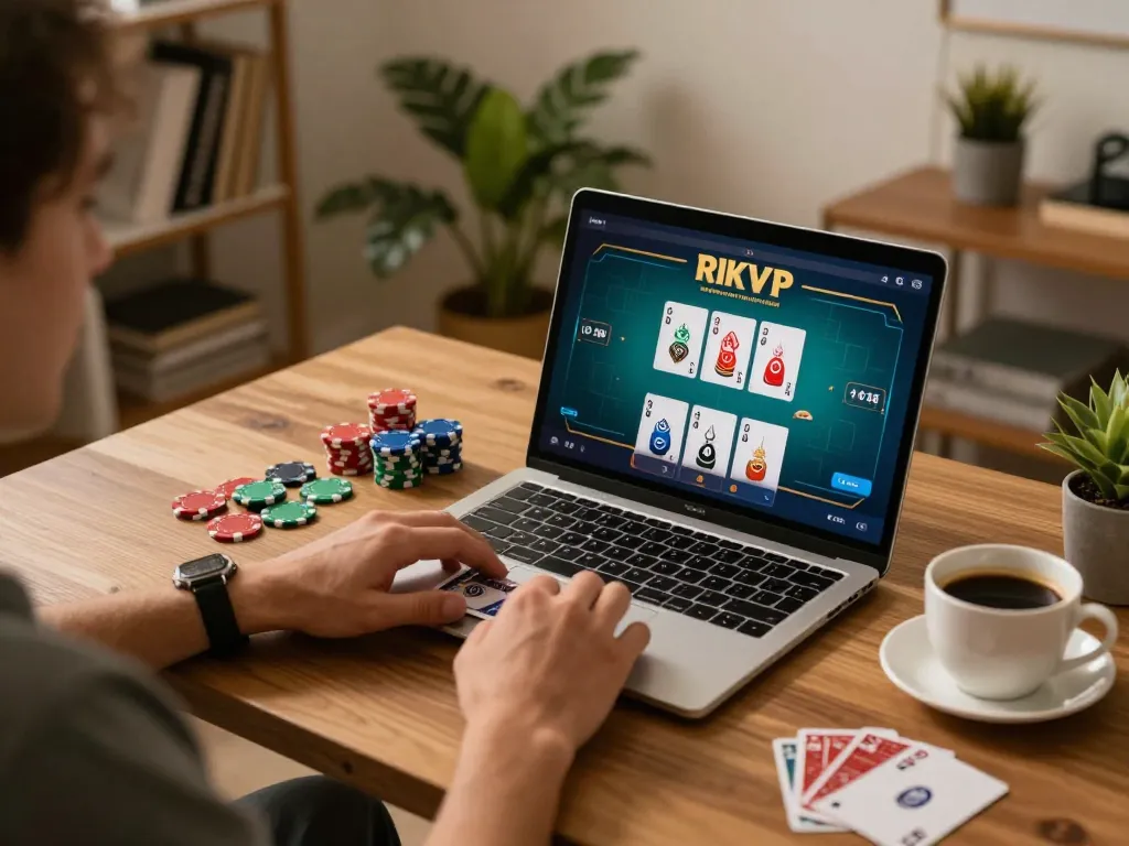 Engaging in a thrilling online poker game on RIKVIP from a cozy home office