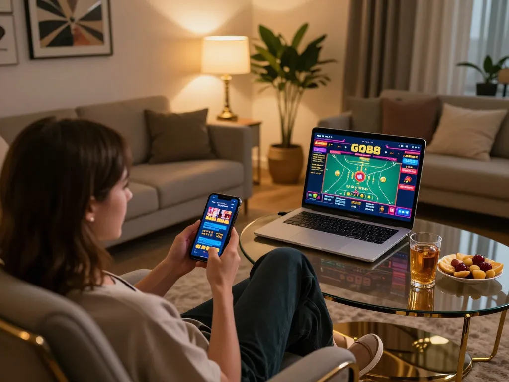 Engaged user playing GO88 on mobile app, showcasing modern home gaming setup with cozy atmosphere