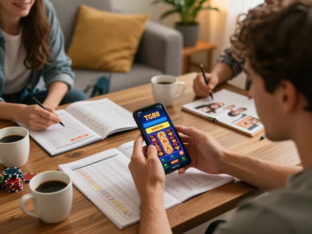 Player wins big on TG88 gaming app, celebrating in cozy home environment.