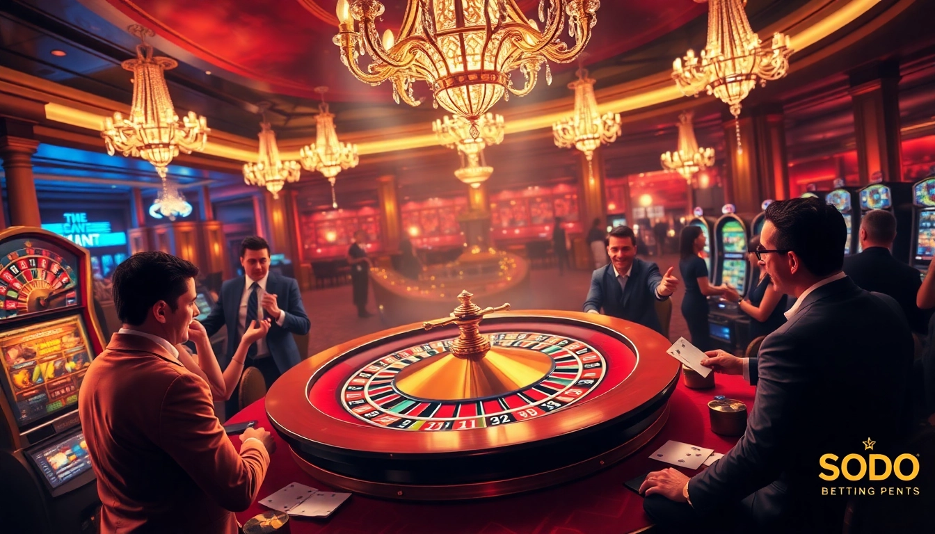 SODO casino scene with excited gamblers at roulette, poker, and slot machines
