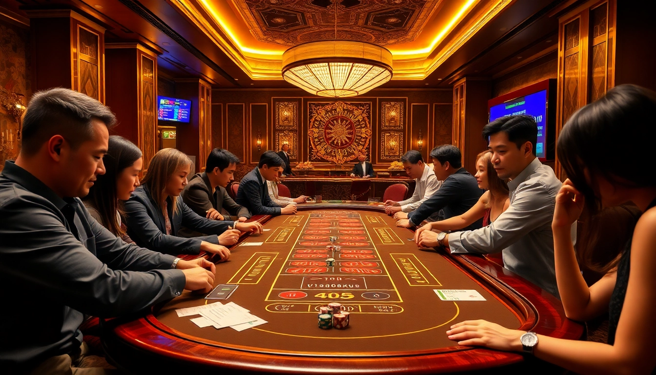 Tài xỉu md5 gameplay with enthusiastic players at a vibrant casino table.