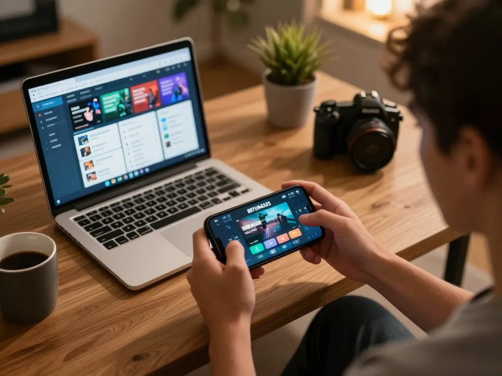 Engaging in gameplay with BOTUNA555 app on smartphone, cozy gaming ambiance.