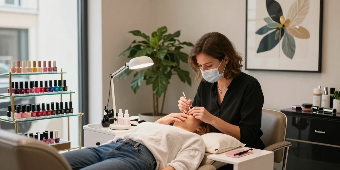 Client enjoying a luxurious manicure in a stylish beauty salon with various nail polish bottles displayed.