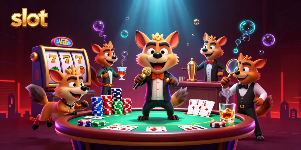 Spin slots in a vibrant casino scene with hyenas, lucky 7s, and dynamic game elements.