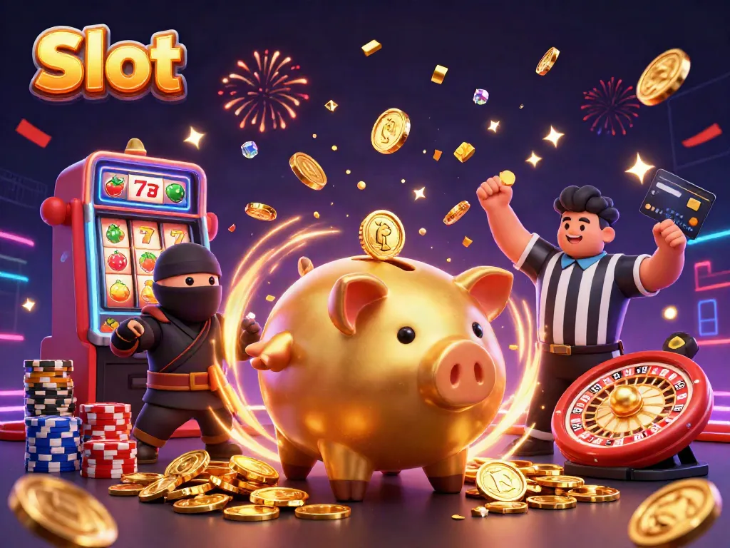 Mendapatkan kemenangan besar di permainan Slot dengan ilustrasi kasino yang meriah dan menarik.